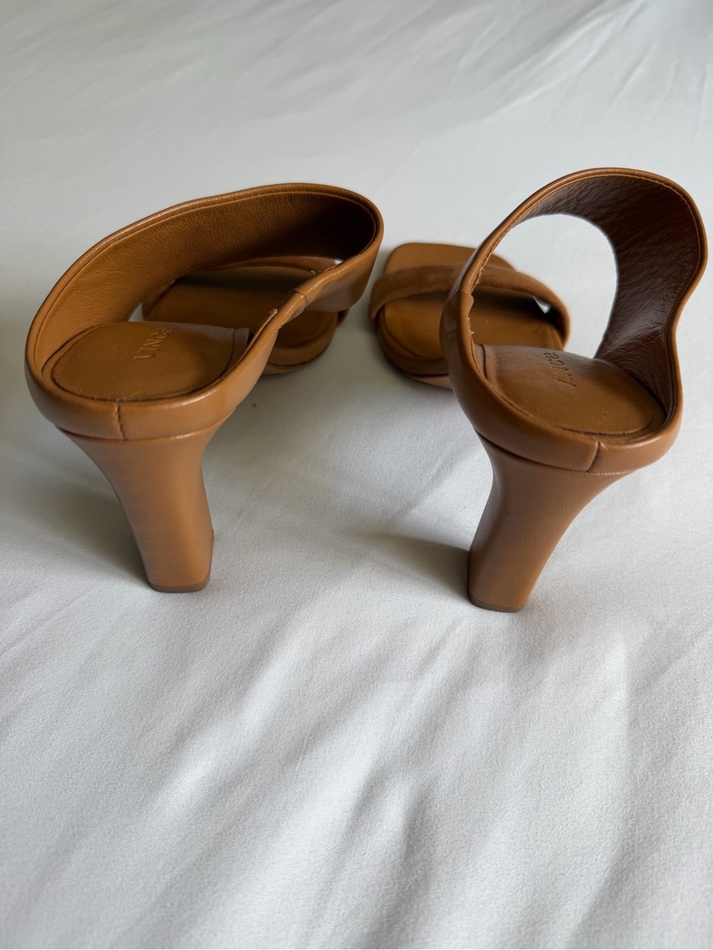 Vince "Quinn" Brown Tan Suede Leather High Block Heel Mule Sandals - Picture 8 of 15